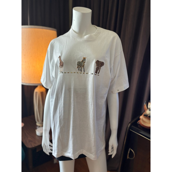 Vintage White Embroidered Safari Animals Short Sleeve Tee L - Picture 5 of 8